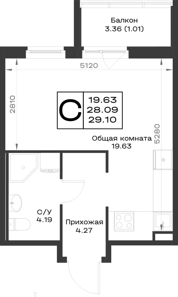 1-комн. 29.1 м²
