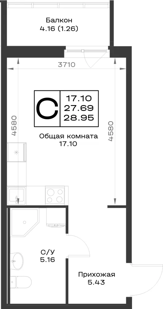1-комн. 29 м²