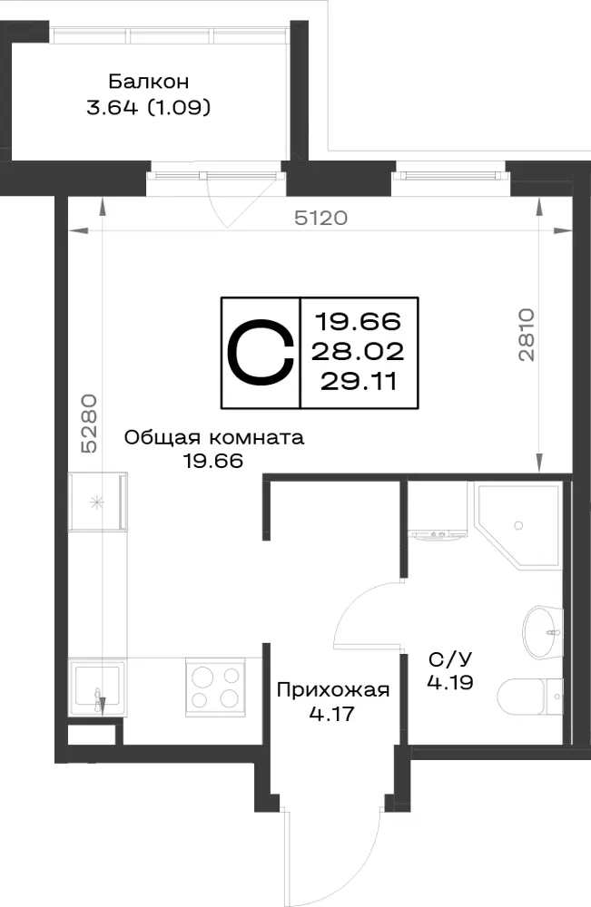 1-комн. 29.1 м²