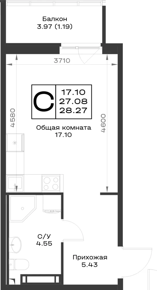 1-комн. 28.3 м²