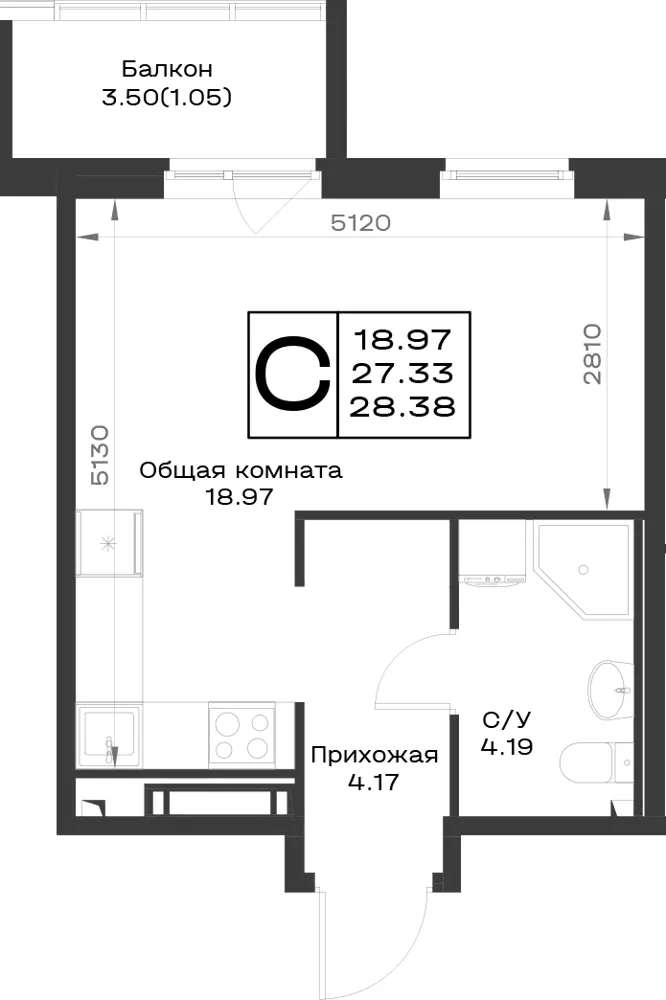 1-комн. 28.4 м²