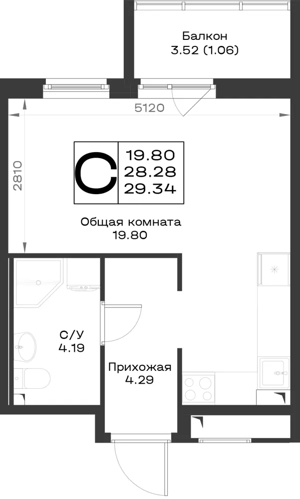 1-комн. 29.3 м²