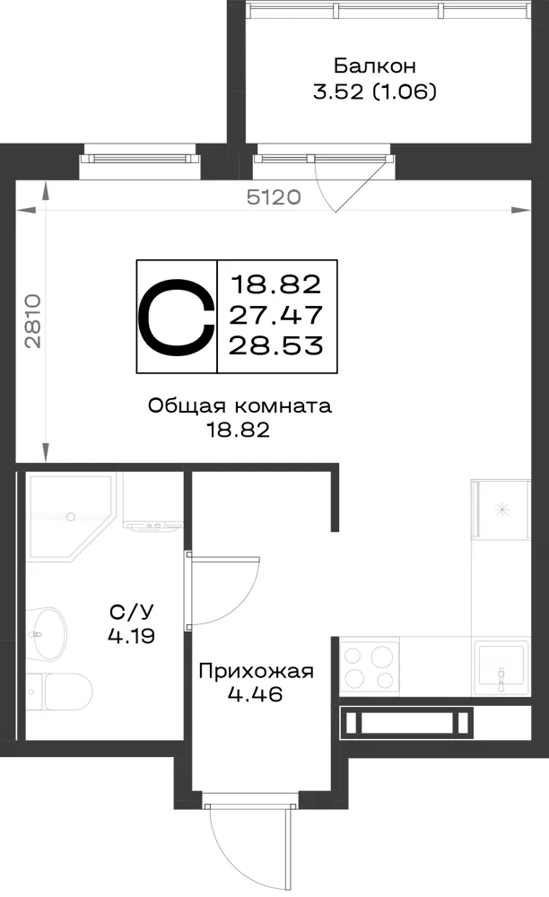 1-комн. 28.5 м²
