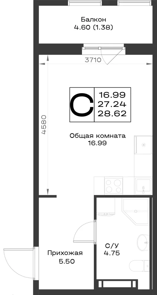 1-комн. 28.6 м²