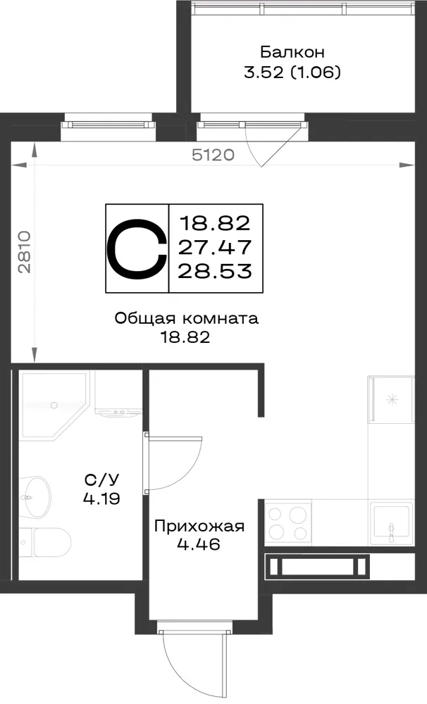 1-комн. 28.5 м²
