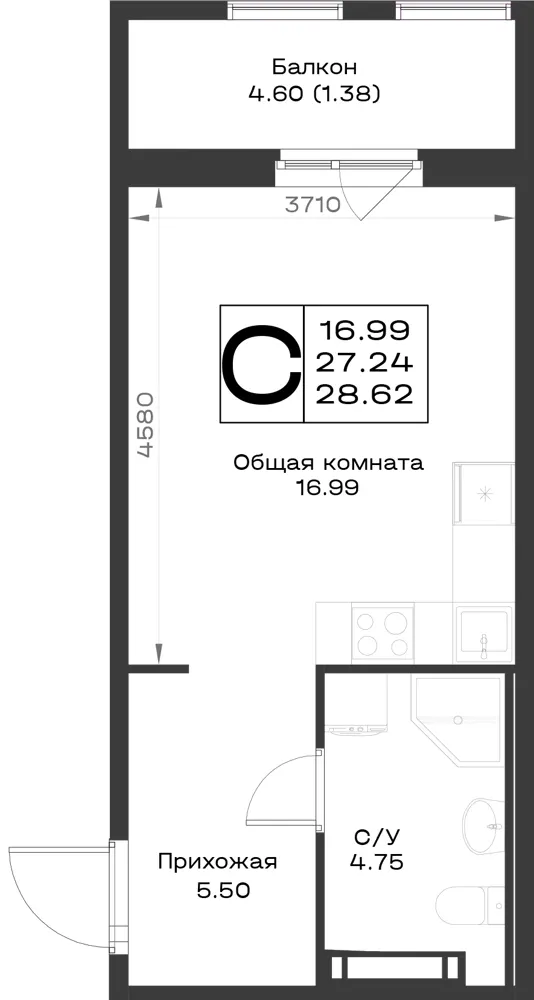 1-комн. 28.6 м²