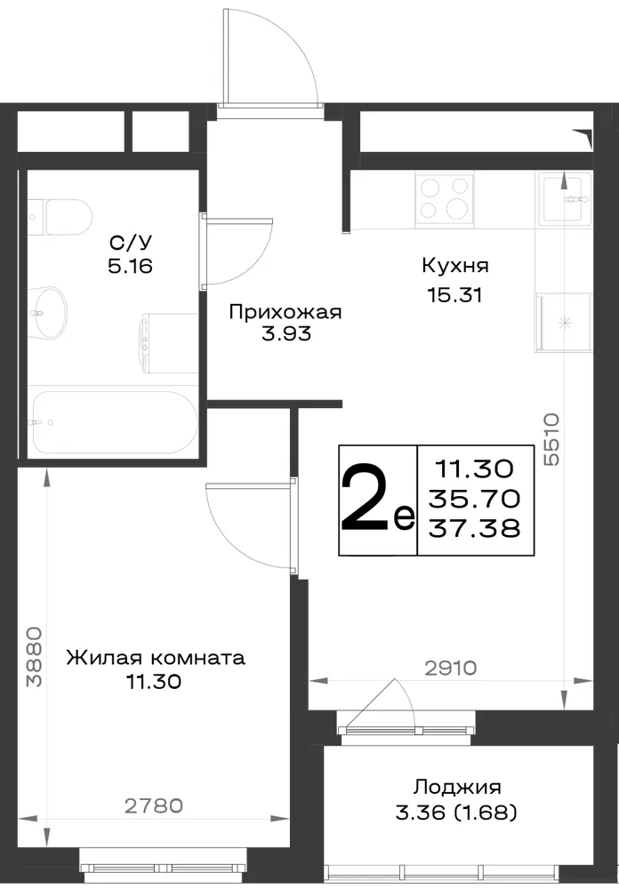 1-комн. 37.4 м²