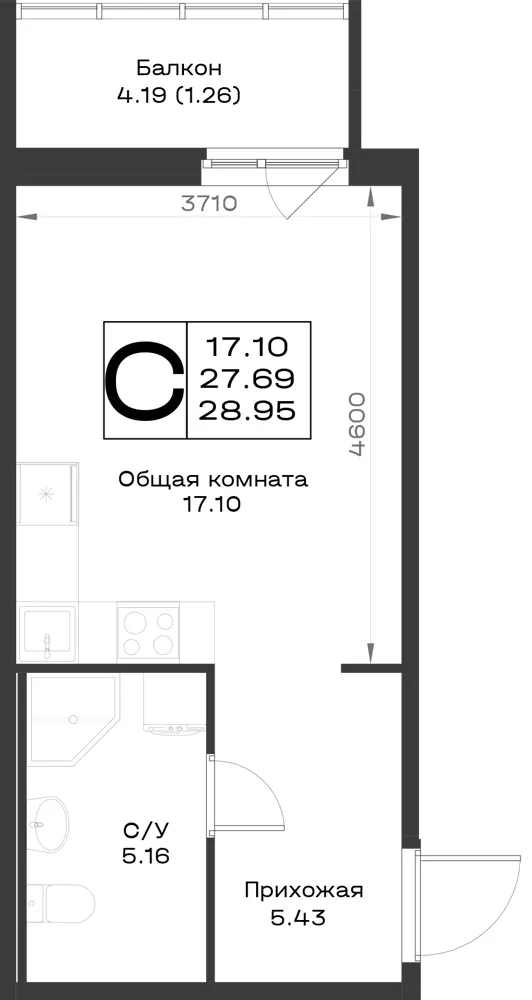 1-комн. 28.9 м²
