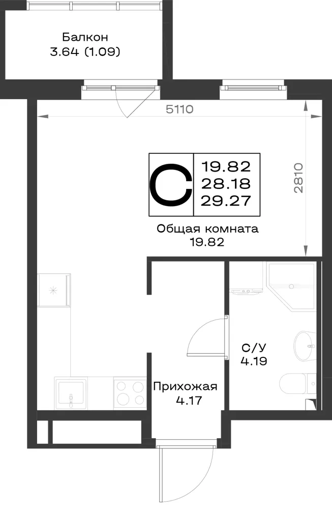 1-комн. 29.2 м²