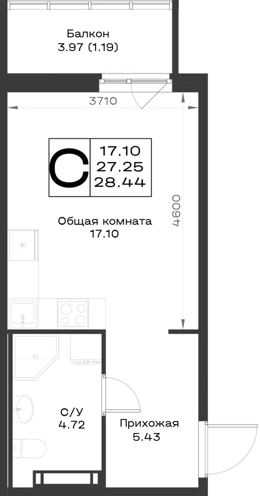 1-комн. 28.4 м²