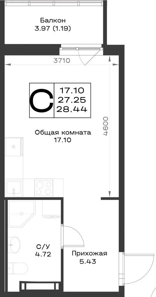 1-комн. 28.4 м²