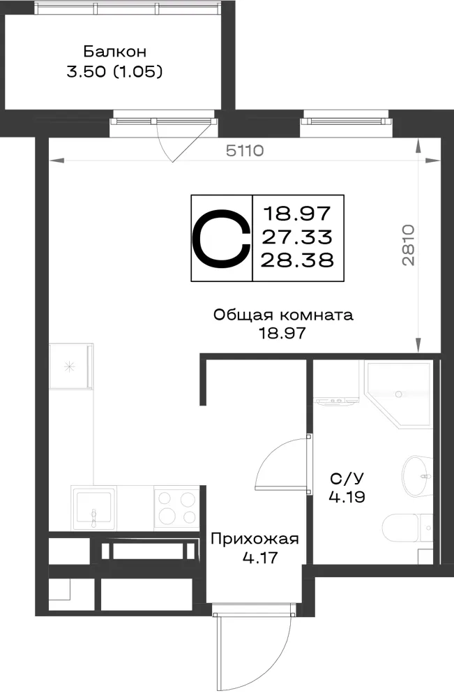 1-комн. 28.4 м²
