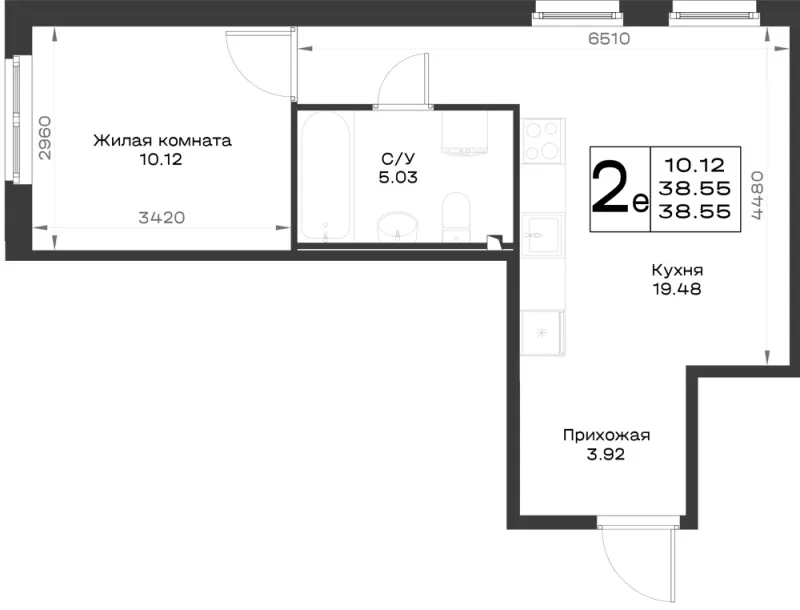 1-комн. 38.6 м²