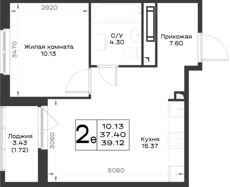 1-комн. 39.1 м²