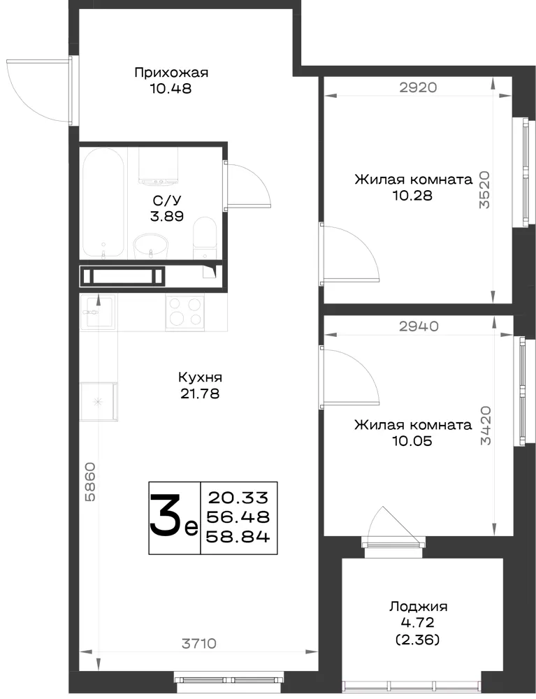 2-комн. 57.8 м²