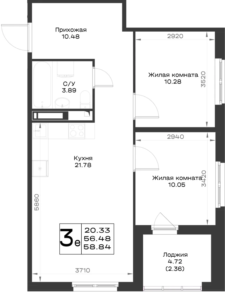 2-комн. 57.8 м²