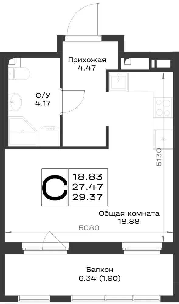 1-комн. 29.3 м²
