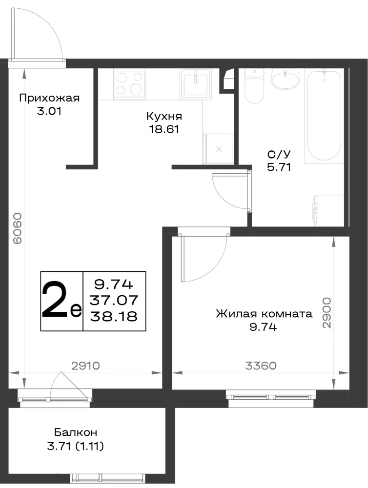 1-комн. 38.2 м²