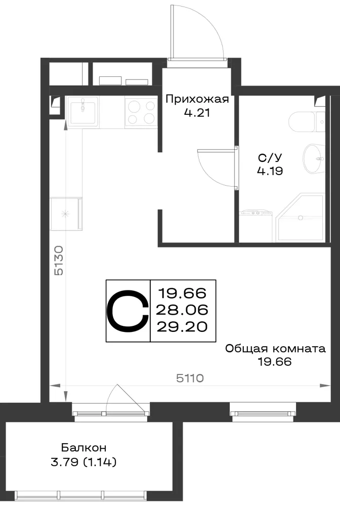 1-комн. 29.2 м²