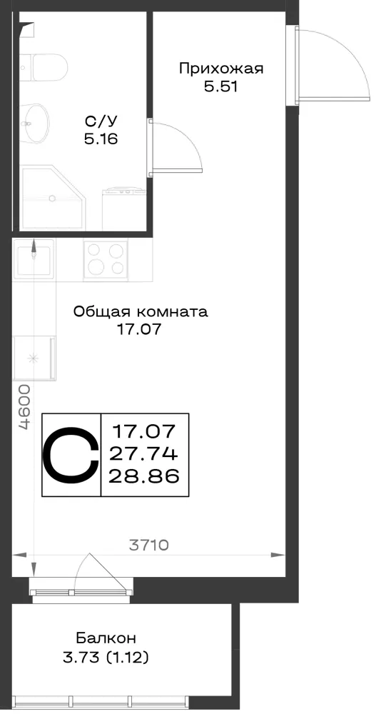 1-комн. 28.8 м²