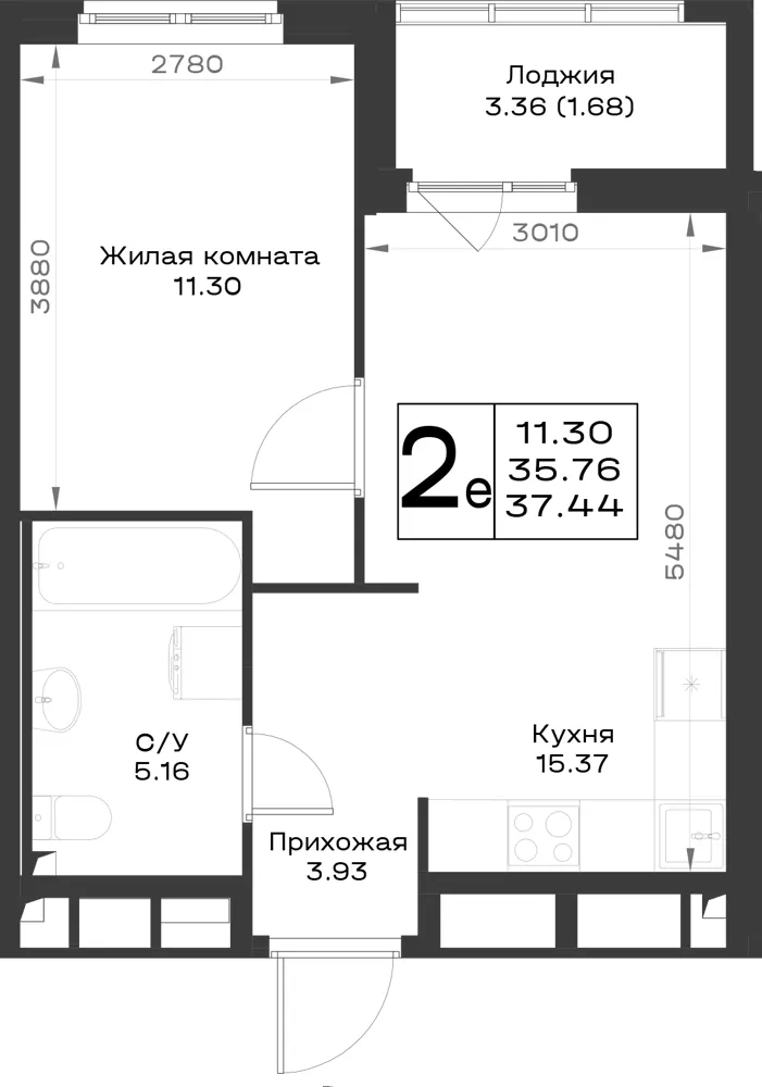 1-комн. 37.4 м²