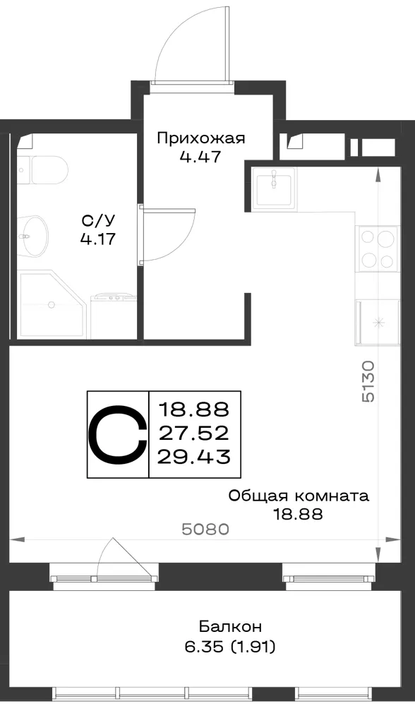 1-комн. 29.4 м²
