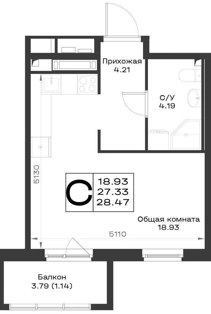 1-комн. 28.4 м²