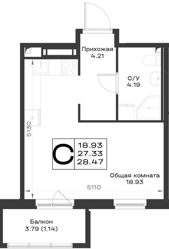 1-комн. 28.4 м²