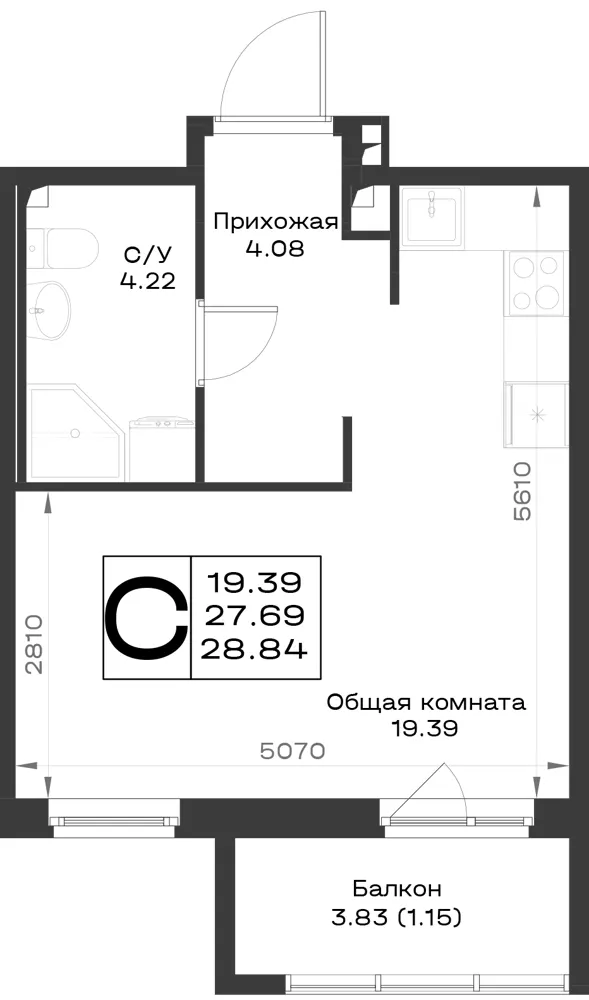 1-комн. 28.8 м²