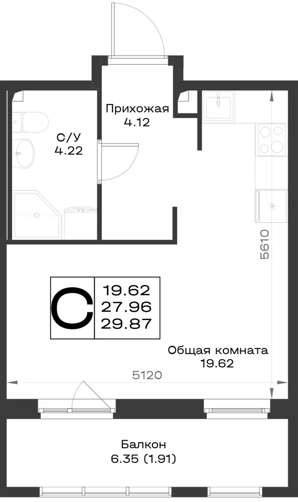 1-комн. 29.8 м²