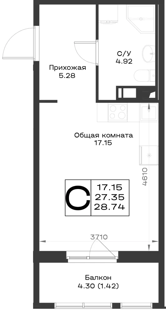 1-комн. 28.7 м²