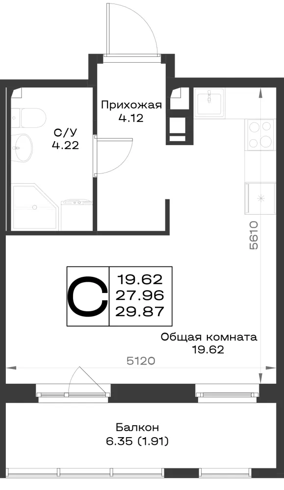 1-комн. 29.8 м²
