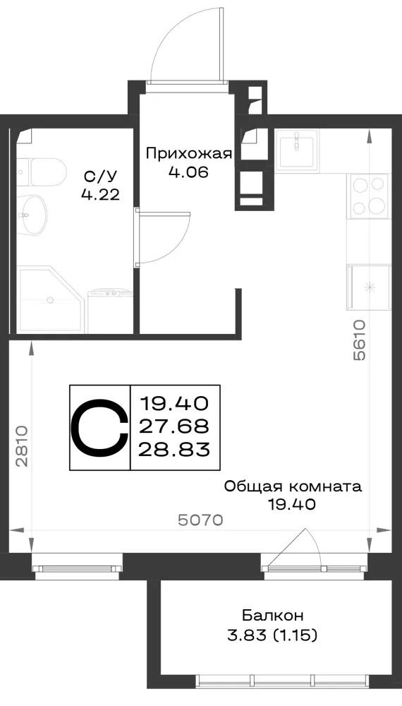 1-комн. 28.8 м²