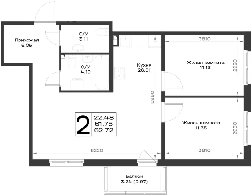 2-комн. 62.7 м²