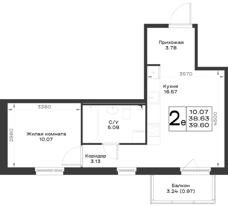 1-комн. 39.6 м²