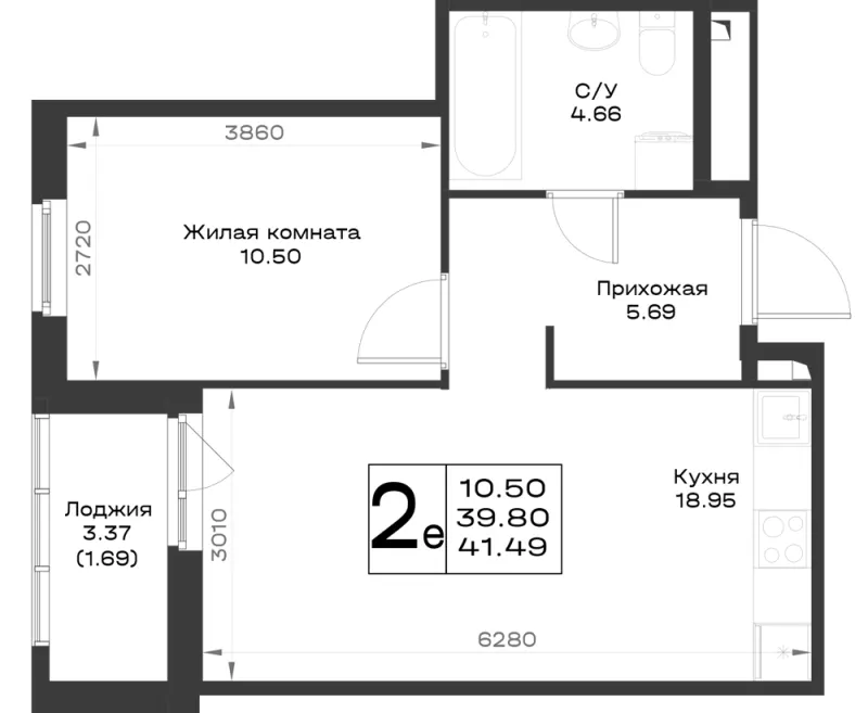 1-комн. 40.5 м²