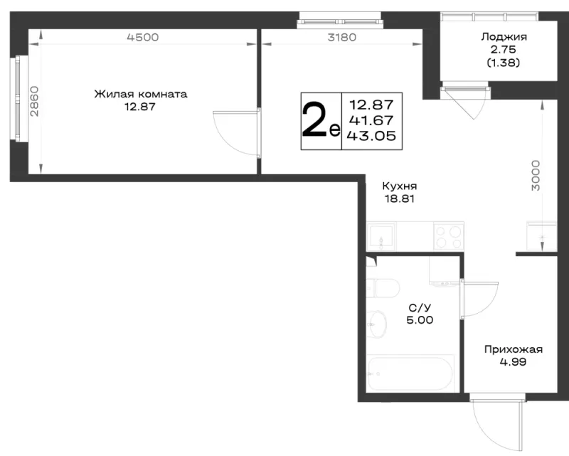 1-комн. 42.1 м²