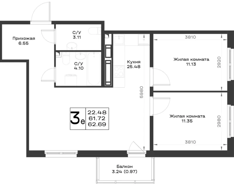 2-комн. 61.7 м²