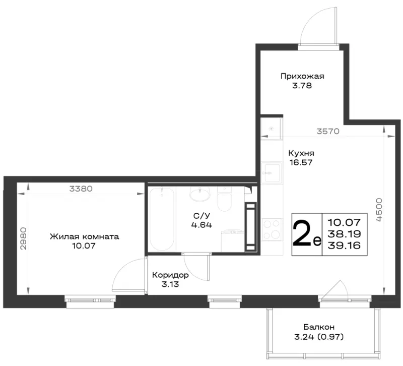 1-комн. 39.2 м²