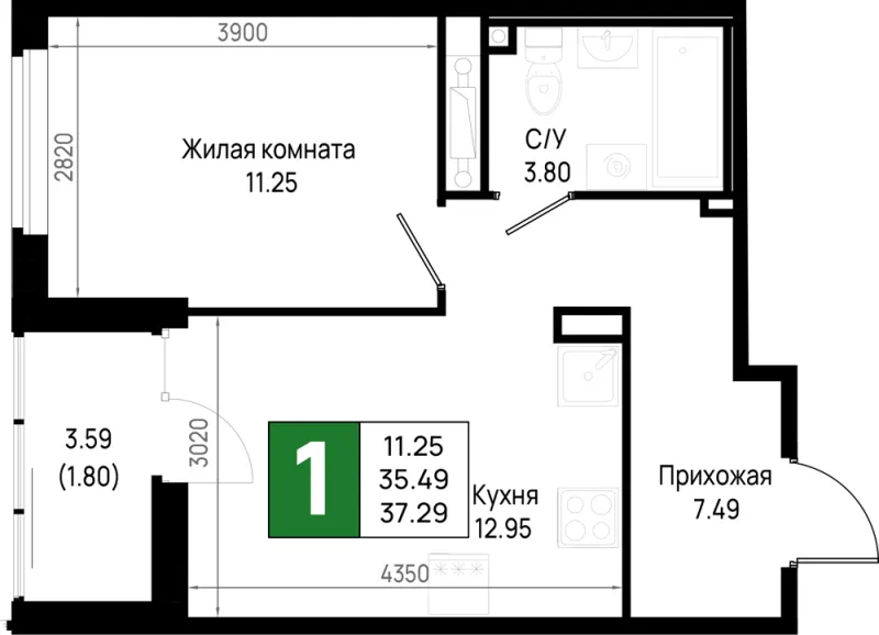 1-комн. 37.3 м²