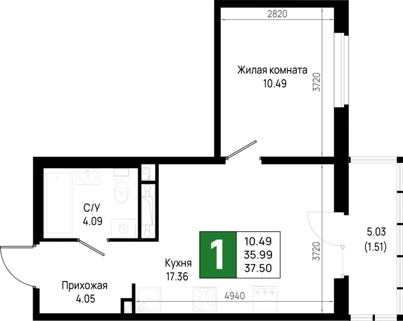1-комн. 37.5 м²