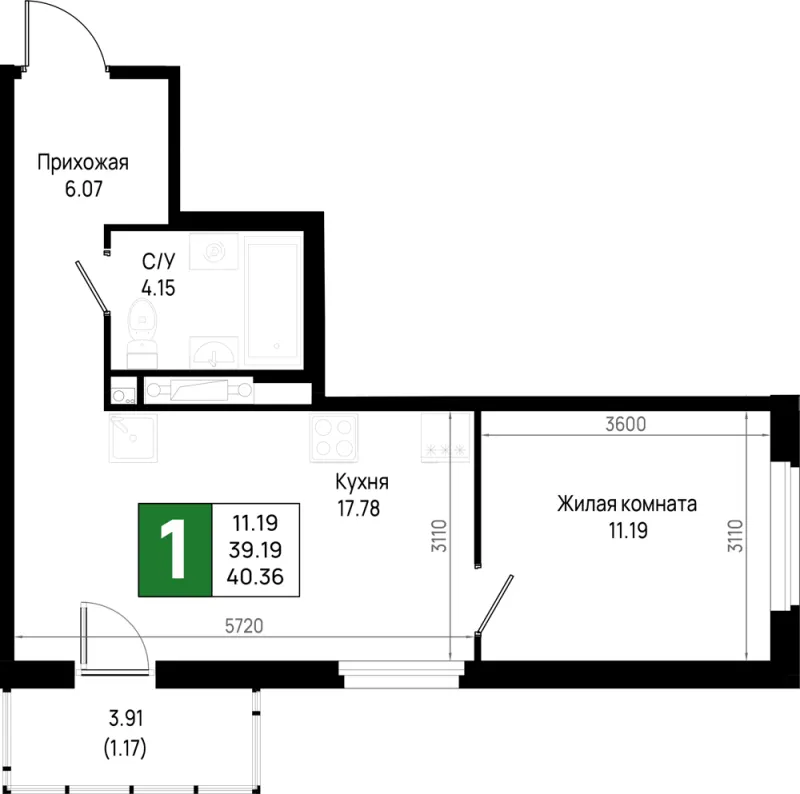1-комн. 40.4 м²