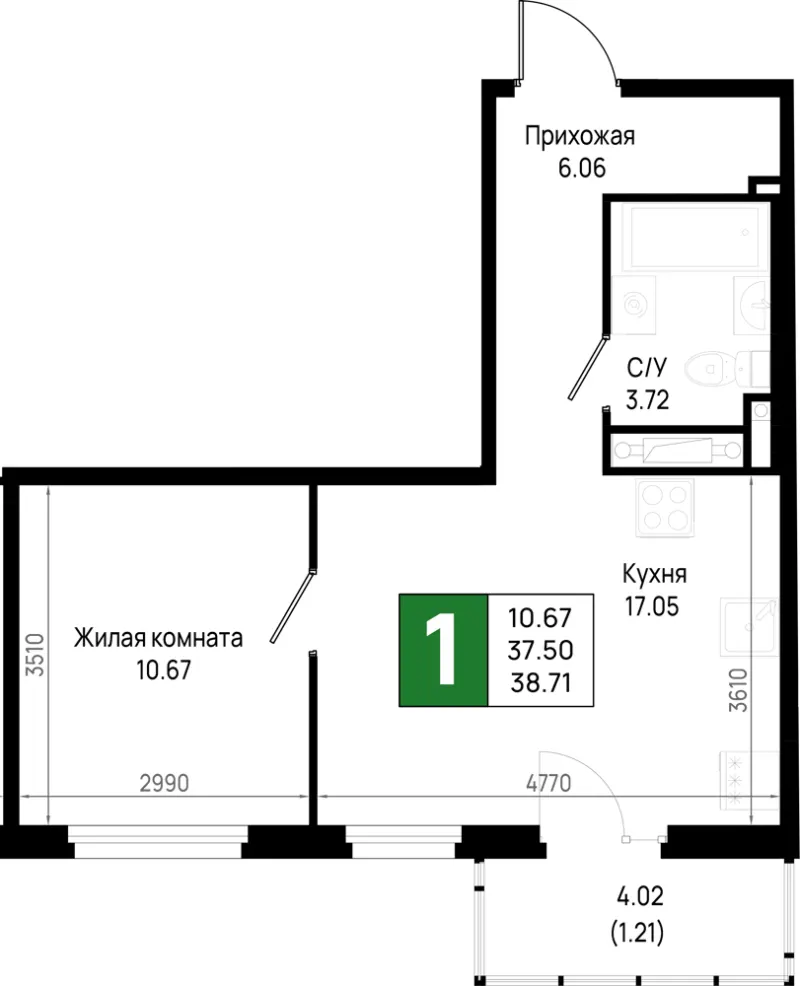 1-комн. 38.7 м²