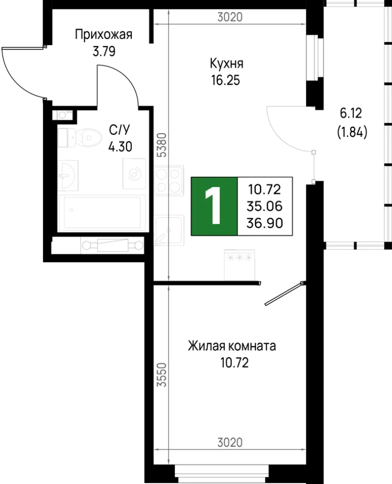 1-комн. 36.9 м²