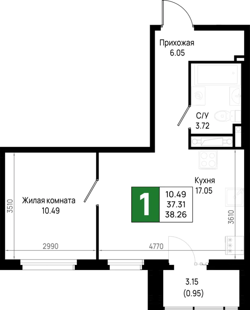 1-комн. 38.3 м²