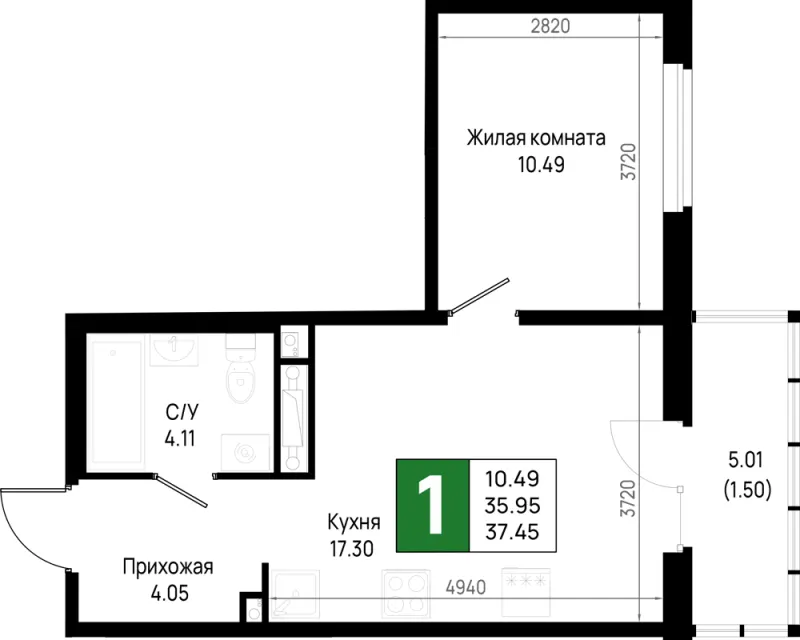 1-комн. 37.5 м²