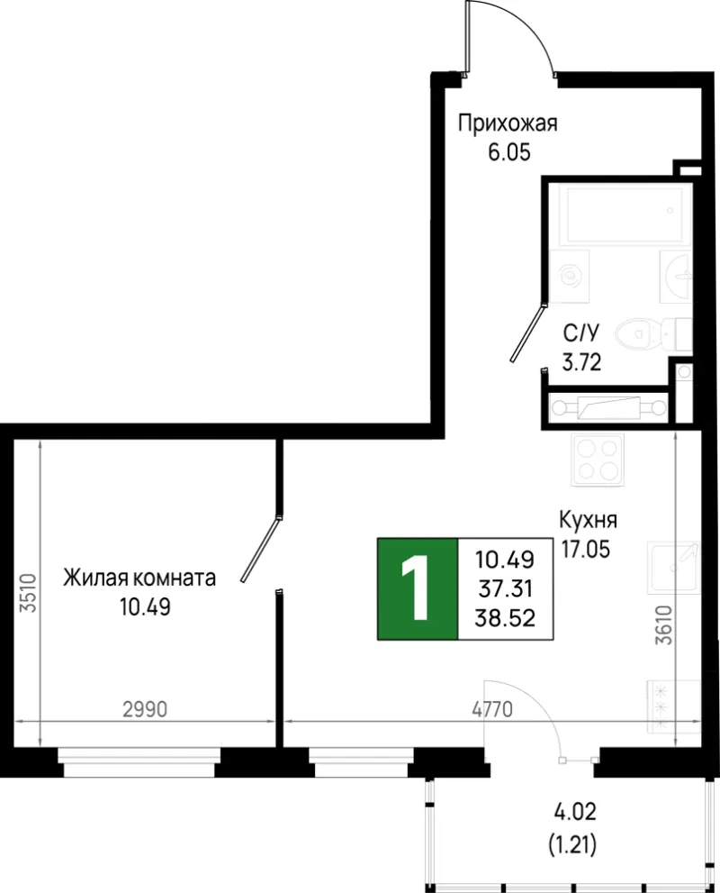 1-комн. 38.5 м²