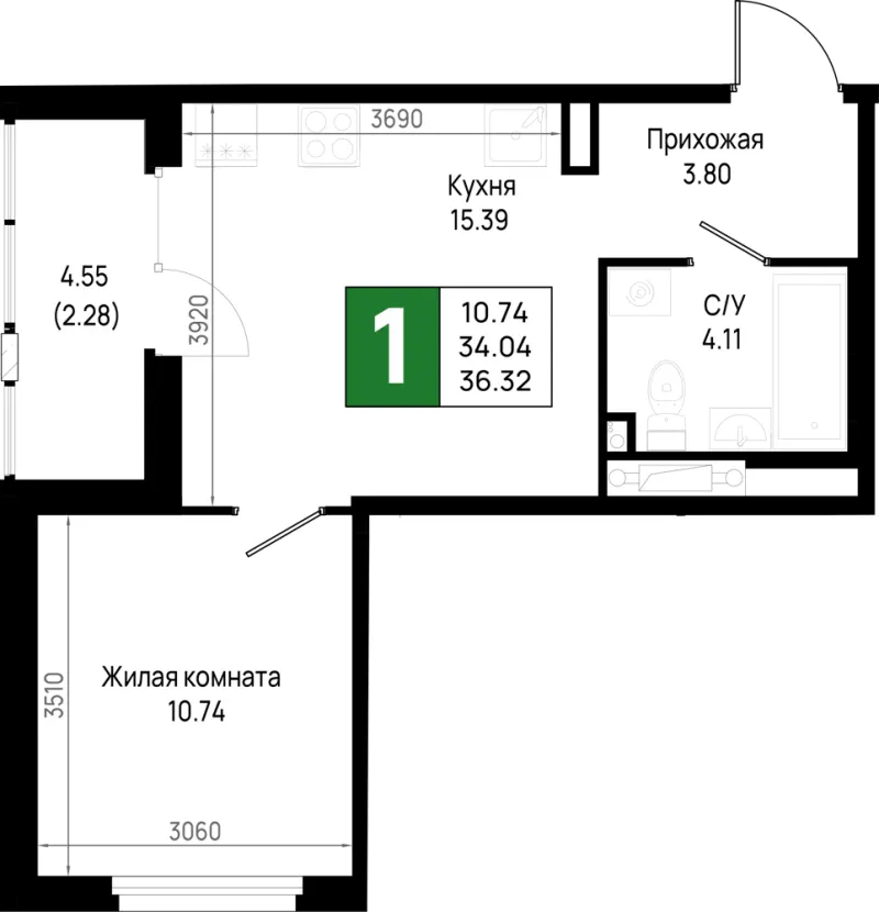 1-комн. 36.3 м²