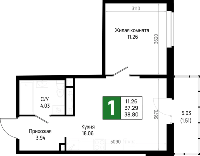 1-комн. 38.8 м²
