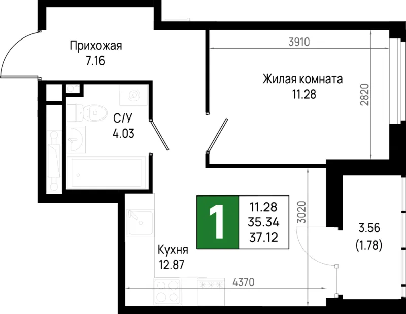 1-комн. 37.1 м²